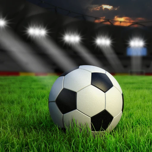 Balón de fútbol sobre el césped bajo las luces nocturnas del estadio