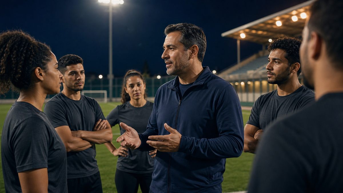 Entrenador orientando a su equipo durante una práctica