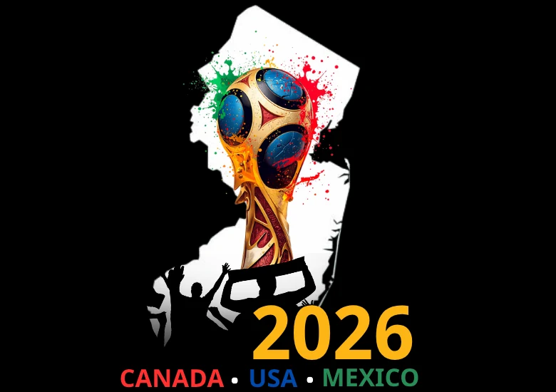 Trofeo del Mundial 2026 sobre el mapa de New Jersey · Canadá, USA, México